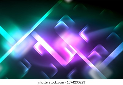 Neon square and line lights on dark background with blurred effects, vector modern design