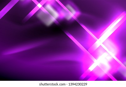 Neon square and line lights on dark background with blurred effects, vector modern design
