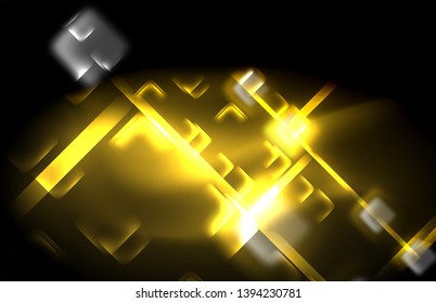 Neon square and line lights on dark background with blurred effects, vector modern design