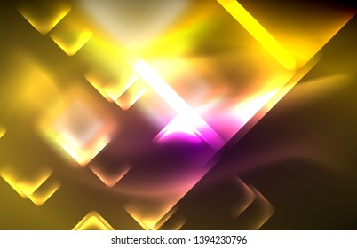 Neon square and line lights on dark background with blurred effects, vector modern design