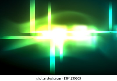 Neon square and line lights on dark background with blurred effects, vector modern design