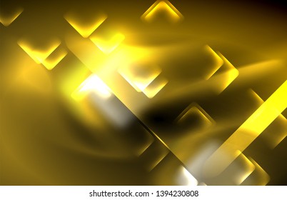 Luces cuadradas y de línea de neón sobre fondo oscuro con efectos borrosos, diseño vectorial moderno