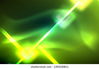 Luces cuadradas y de línea de neón sobre fondo oscuro con efectos borrosos, diseño vectorial moderno
