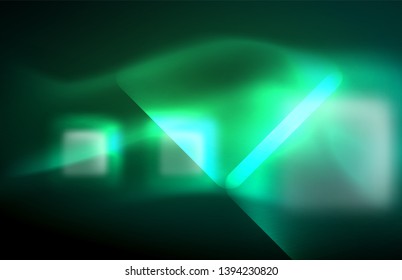 Neon square and line lights on dark background with blurred effects, vector modern design