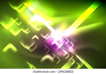Neon square and line lights on dark background with blurred effects, vector modern design