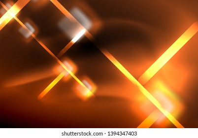 Neon square and line lights on dark background with blurred effects, vector modern design