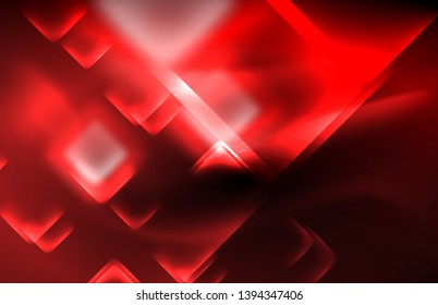 Neon square and line lights on dark background with blurred effects, vector modern design