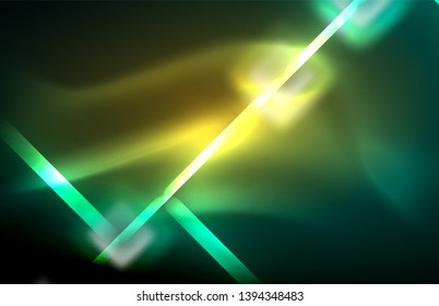Luces cuadradas y de línea de neón sobre fondo oscuro con efectos borrosos, diseño vectorial moderno