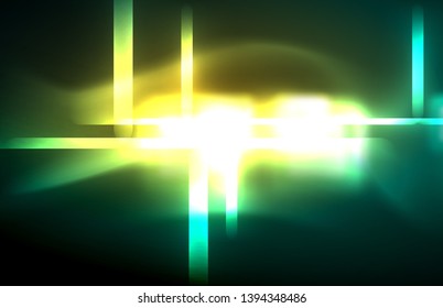 Neon square and line lights on dark background with blurred effects, vector modern design