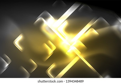 Neon square and line lights on dark background with blurred effects, vector modern design