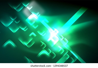 Neon square and line lights on dark background with blurred effects, vector modern design