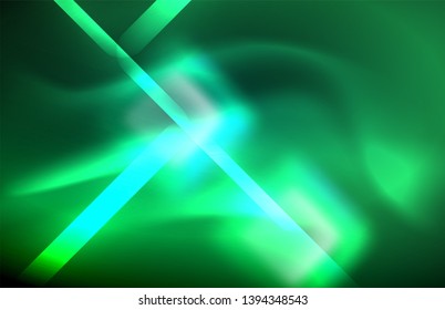 Neon square and line lights on dark background with blurred effects, vector modern design