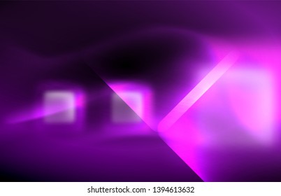 Neon square and line lights on dark background with blurred effects, vector modern design