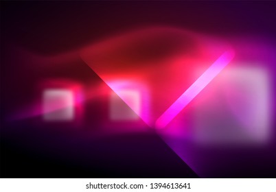 Neon square and line lights on dark background with blurred effects, vector modern design