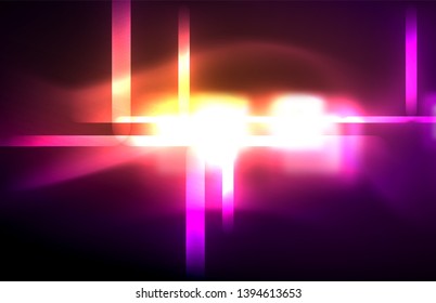 Luces cuadradas y de línea de neón sobre fondo oscuro con efectos borrosos, diseño vectorial moderno