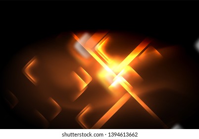 Neon square and line lights on dark background with blurred effects, vector modern design