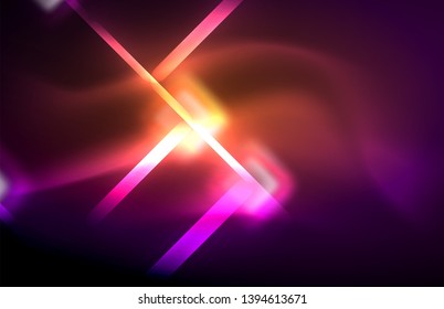 Neon square and line lights on dark background with blurred effects, vector modern design