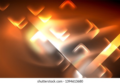 Neon square and line lights on dark background with blurred effects, vector modern design