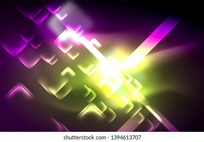 Neon square and line lights on dark background with blurred effects, vector modern design