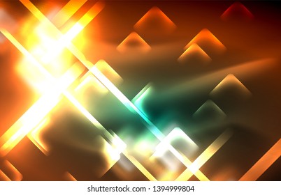 Neon square and line lights on dark background with blurred effects, vector modern design
