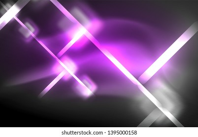 Neon square and line lights on dark background with blurred effects, vector modern design