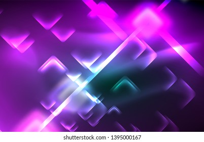 Neon square and line lights on dark background with blurred effects, vector modern design