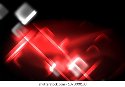 Luces cuadradas y de línea de neón sobre fondo oscuro con efectos borrosos, diseño vectorial moderno