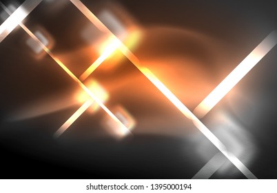 Neon square and line lights on dark background with blurred effects, vector modern design