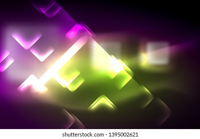 Neon square and line lights on dark background with blurred effects, vector modern design