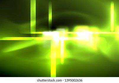 Luces cuadradas y de línea de neón sobre fondo oscuro con efectos borrosos, diseño vectorial moderno