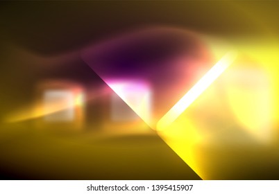 Neon square and line lights on dark background with blurred effects, vector modern design