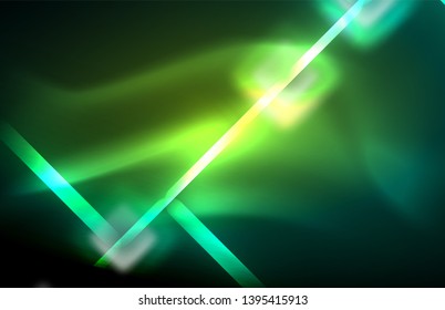 Neon square and line lights on dark background with blurred effects, vector modern design