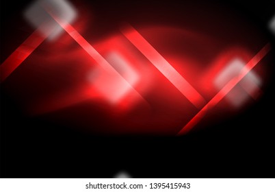 Luces cuadradas y de línea de neón sobre fondo oscuro con efectos borrosos, diseño vectorial moderno