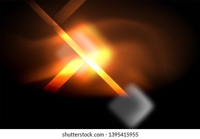 Neon square and line lights on dark background with blurred effects, vector modern design