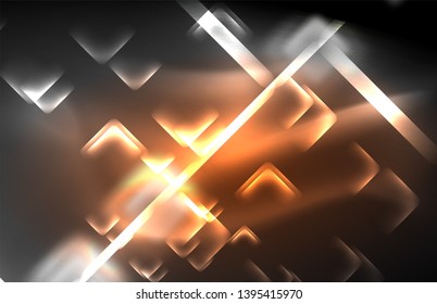 Luces cuadradas y de línea de neón sobre fondo oscuro con efectos borrosos, diseño vectorial moderno