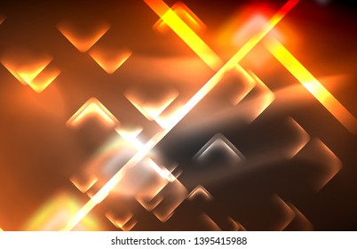 Neon square and line lights on dark background with blurred effects, vector modern design