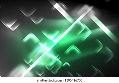 Neon square and line lights on dark background with blurred effects, vector modern design