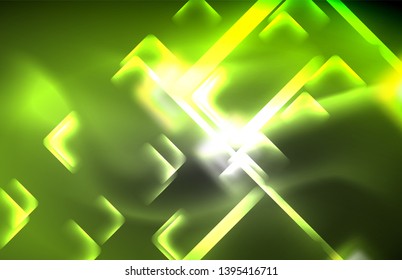 Neon square and line lights on dark background with blurred effects, vector modern design