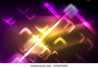 Luces cuadradas y de línea de neón sobre fondo oscuro con efectos borrosos, diseño vectorial moderno