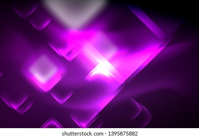 Luces cuadradas y de línea de neón sobre fondo oscuro con efectos borrosos, diseño vectorial moderno