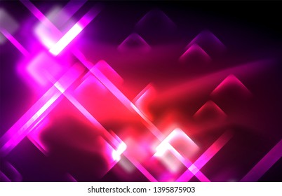 Neon square and line lights on dark background with blurred effects, vector modern design