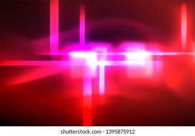 Luces cuadradas y de línea de neón sobre fondo oscuro con efectos borrosos, diseño vectorial moderno