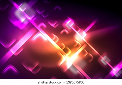 Neon square and line lights on dark background with blurred effects, vector modern design
