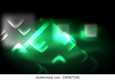 Neon square and line lights on dark background with blurred effects, vector modern design
