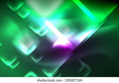 Neon square and line lights on dark background with blurred effects, vector modern design