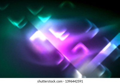 Luces cuadradas y de línea de neón sobre fondo oscuro con efectos borrosos, diseño vectorial moderno