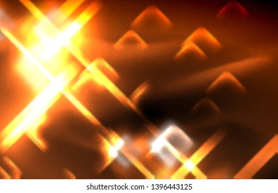 Neon square and line lights on dark background with blurred effects, vector modern design