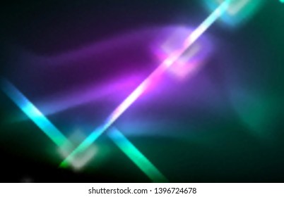 Neon square and line lights on dark background with blurred effects, vector modern design