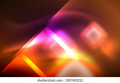 Neon square and line lights on dark background with blurred effects, vector modern design