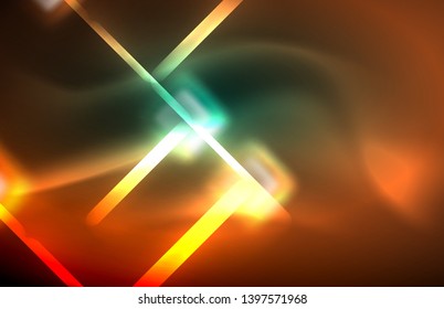 Neon square and line lights on dark background with blurred effects, vector modern design